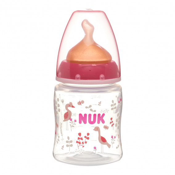 Sticlă din polipropilenă de culoare roz, First Choice, cu tetină debit mediu pentru 0-6 luni, 150 ml. NUK 291329 