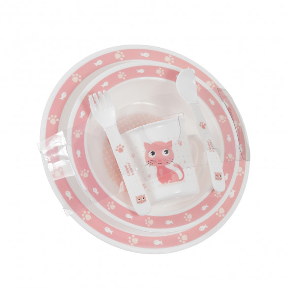 Set pentru hrănire din plastic 5 părți cu pisoi - alb și roz cu bordură, Happy Animals Canpol 291542 