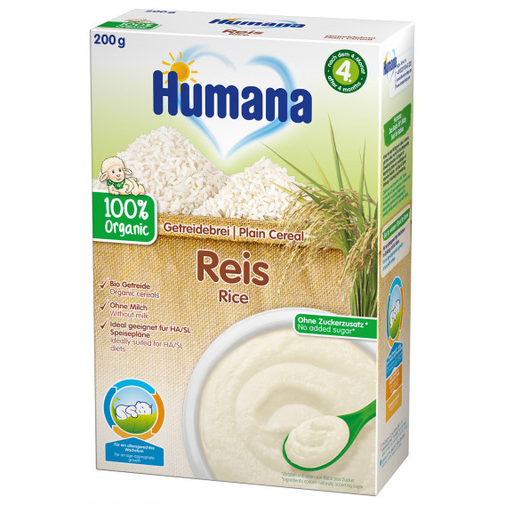 Terci organic fără lapte, cu orez, 4+ luni, cutie 200 g. Humana 2969 