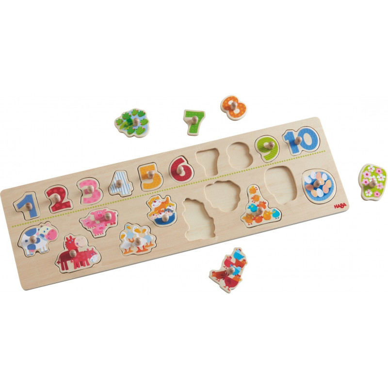 Puzzle din lemn - Numere și animale, cu mânere  302576
