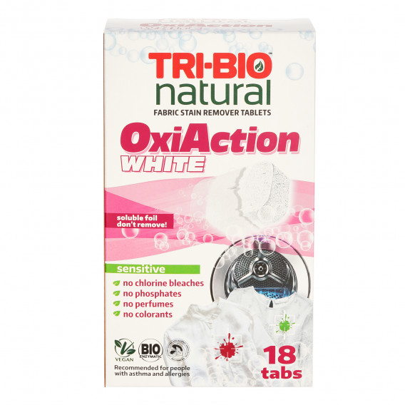 Tablete naturale Oxi-Action pentru îndepărtarea petelor pentru rufe albe - 18 buc. Tri-Bio 310049 