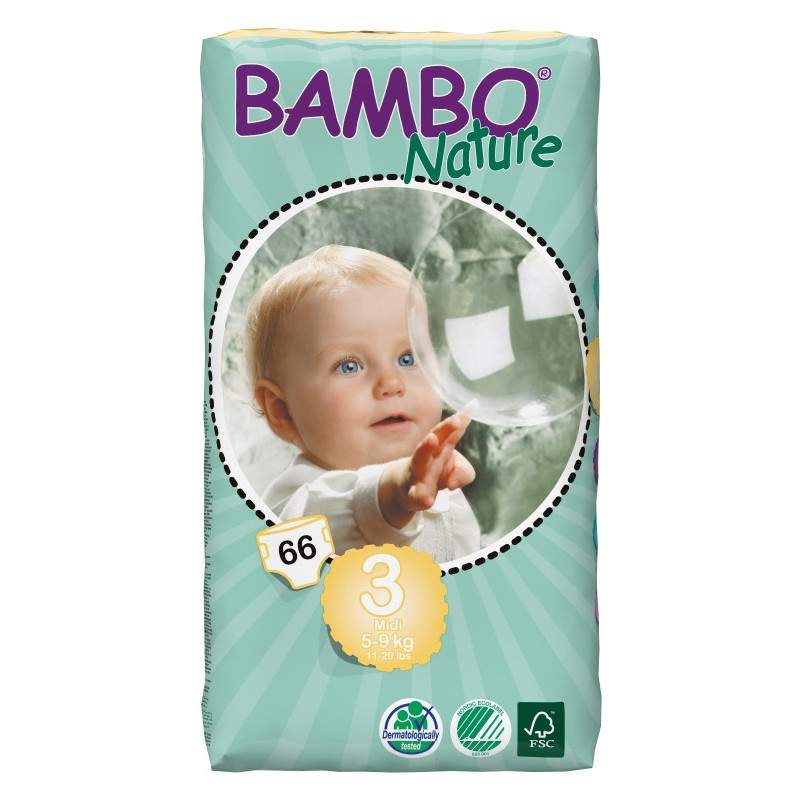 Scutece Eco de bebeluși  Bambo Nature Midi Tall Pack, mărimea 4, 5-9 kg, 66 bucăți  31154