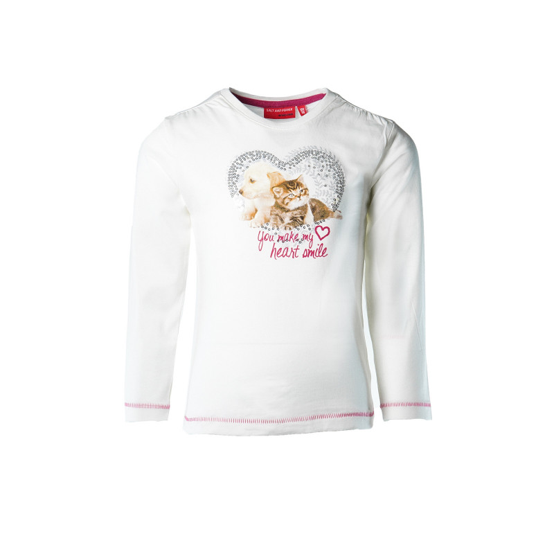 Bluză cu mânecă lungă Salt&Pepper, de culoare albă cu câine și pisoi imprimate  31254