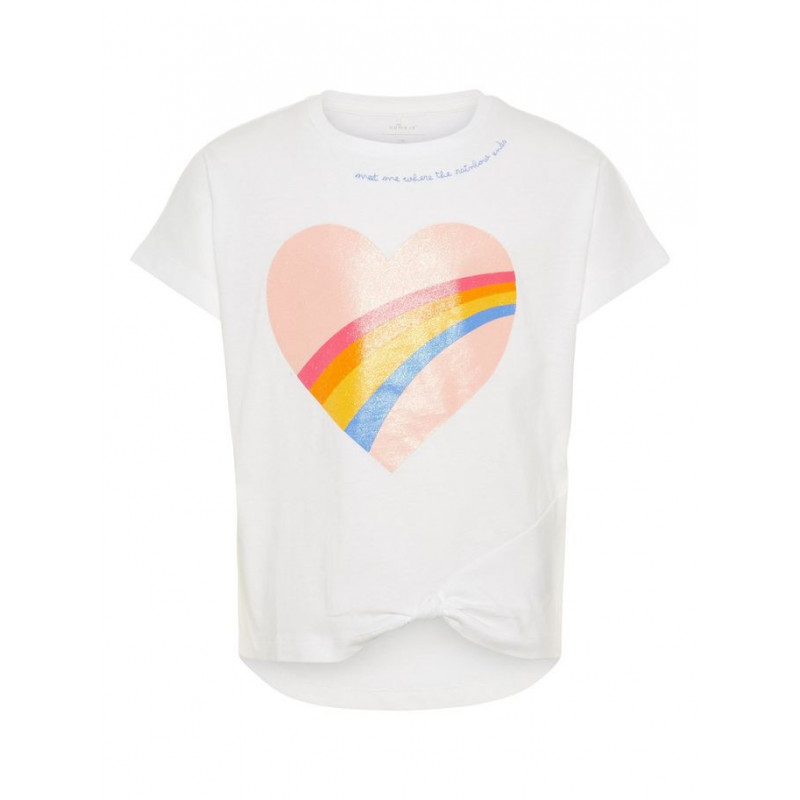 Tricou din bumbac organic pentru fete, cu imprimeu inimă și curcubeu  32349