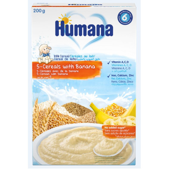 Terci de lapte cu 5 tipuri de cereale și banane pentru 6+ luni, 200 g.  Humana 323769 