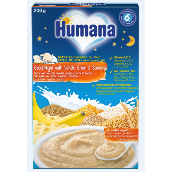 Terci de lapte integral cu banane, noapte bună, pentru bebelusi +6 luni, 200 g.  Humana 323772 