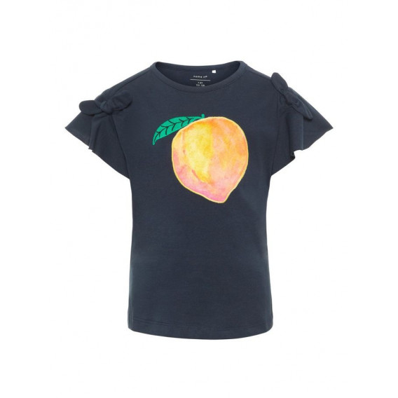 Tricou din bumbac organic pentru fete, albastru cu fructe imprimate  Name it 32383 