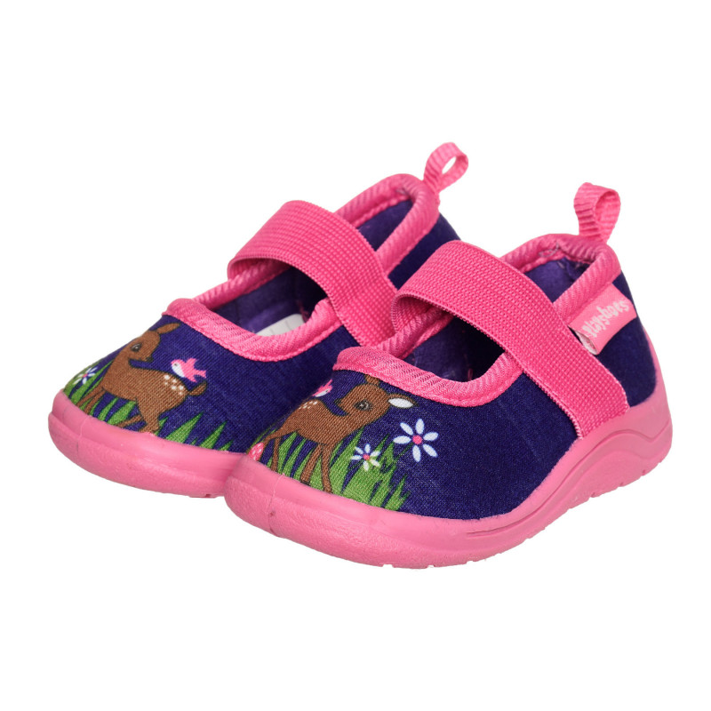Papuci albaștri cu imprimeu de cerb și accente roz, pentru un bebeluș  332669