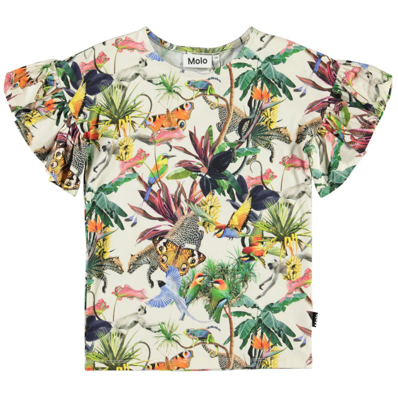 Bluză multicoloră cu mâneci scurte, cu volane și imprimeu animal  334533