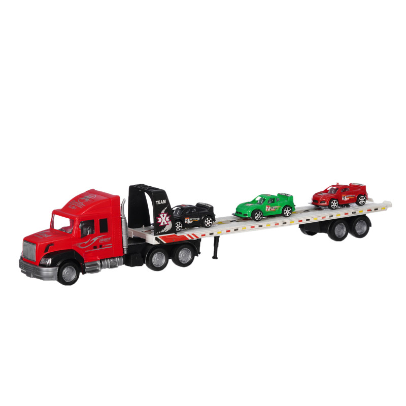 Camion roșu de transport auto cu 3 mașini  334621