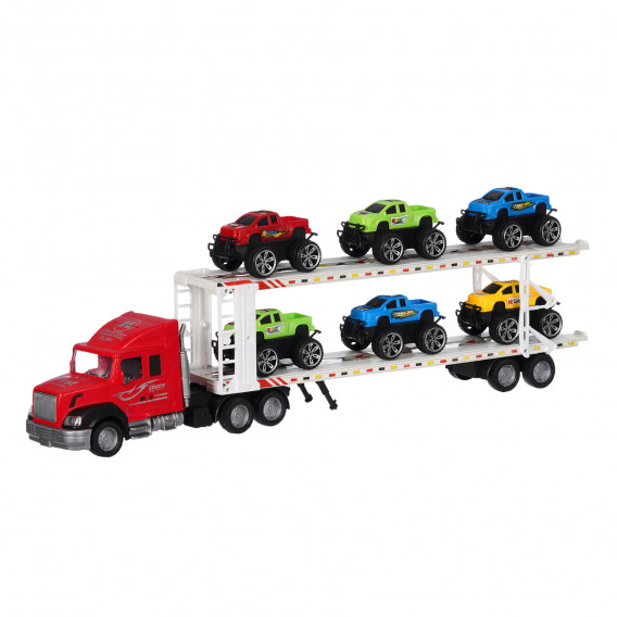 Camion de transport auto roșu, două niveluri cu 6 mașini GOT 334639 