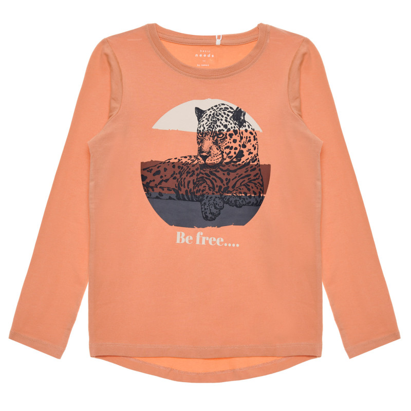 Bluză NAME IT, mâneci lungi și decolteu rotund, tricou din bumbac roz cu imprimeu leopard pentru fete  334762