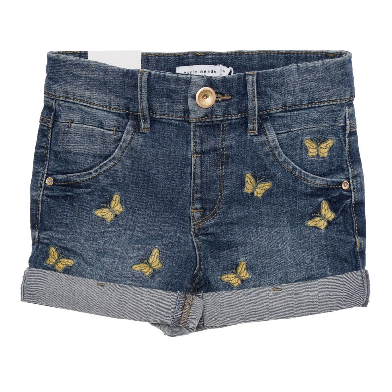 Pantaloni scurți din denim cu aplicație fluture, albaștri  335777
