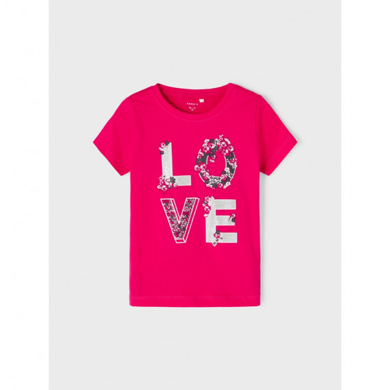 Tricou roz din bumbac cu imprimeu Love și accente florale, pentru un bebeluș Name it 335967 
