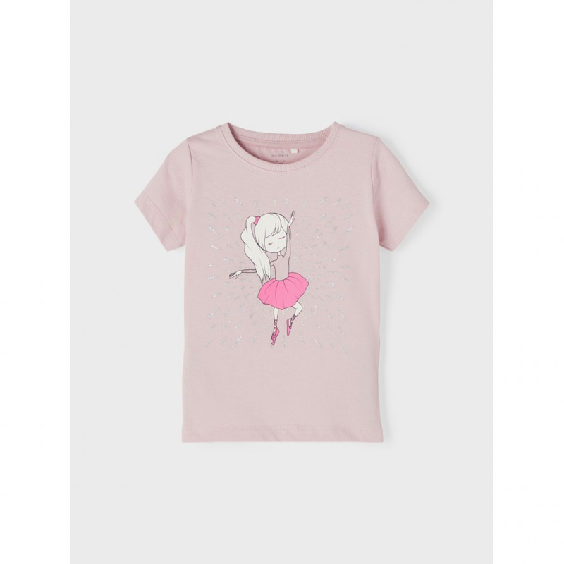 Tricou din bumbac roz deschis cu imprimeu balerină  335976