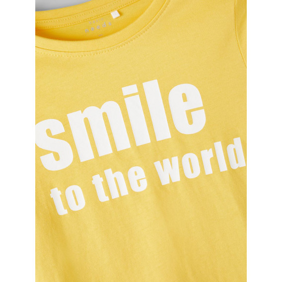 Bluză galbenă din bumbac, cu mâneci lungi, cu inscripția „Smile to the world” Name it 336299 3