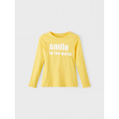 Bluză galbenă din bumbac, cu mâneci lungi, cu inscripția „Smile to the world” Name it 336300 