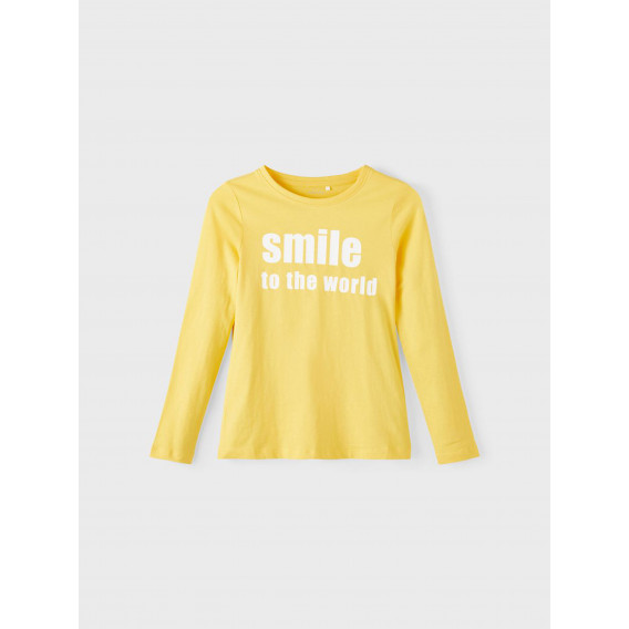 Bluză galbenă din bumbac, cu mâneci lungi, cu inscripția „Smile to the world” Name it 336300 