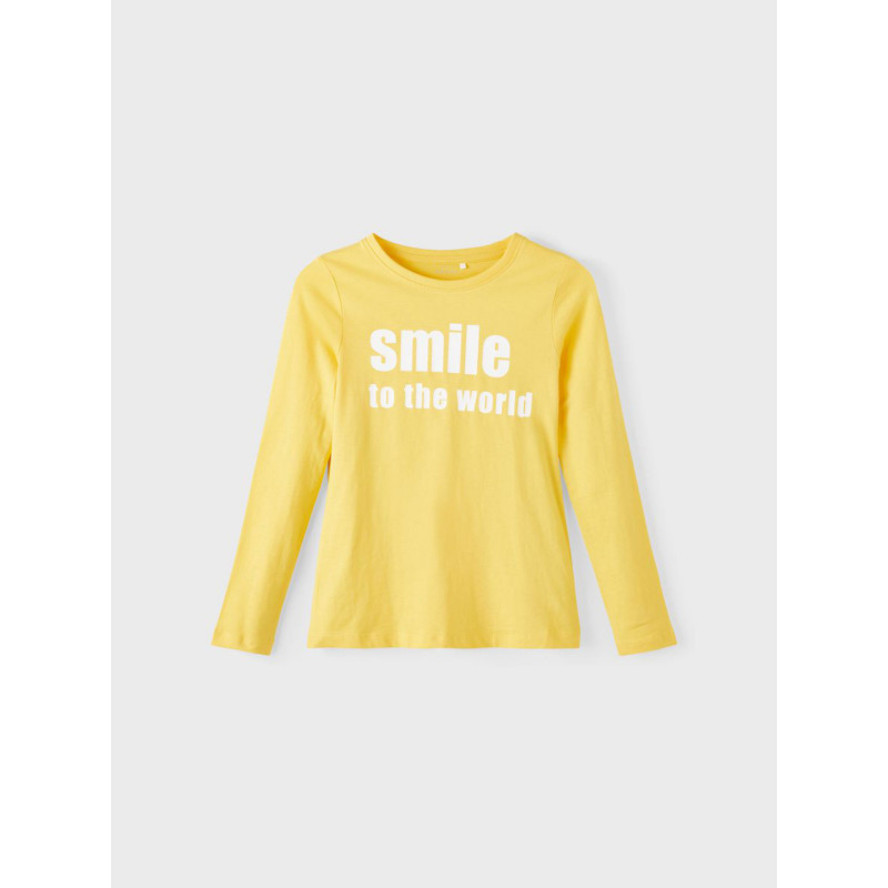 Bluză galbenă din bumbac, cu mâneci lungi, cu inscripția „Smile to the world”  336300