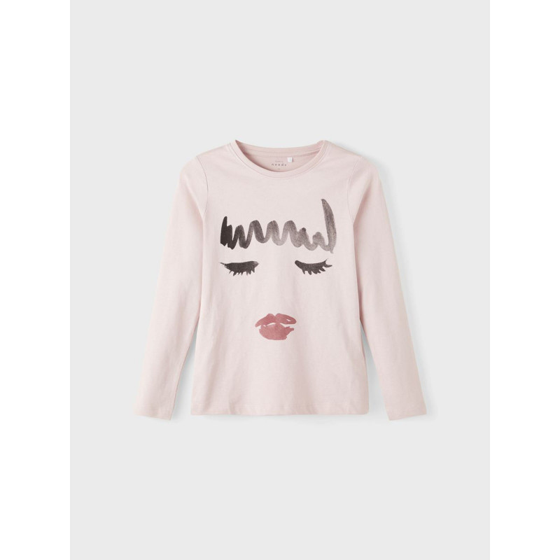 Bluză din bumbac roz deschis cu mâneci lungi, cu imprimeu pentru fată  336306