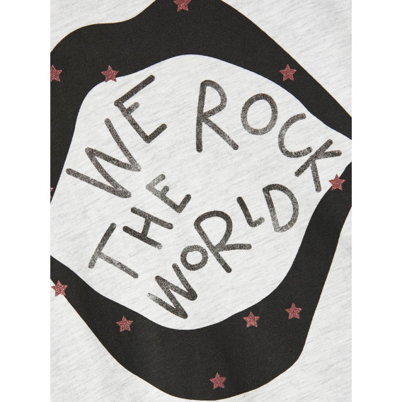 Bluză gri deschis din bumbac, cu mâneci lungi, cu inscripția „We rock the world” Name it 336311 3