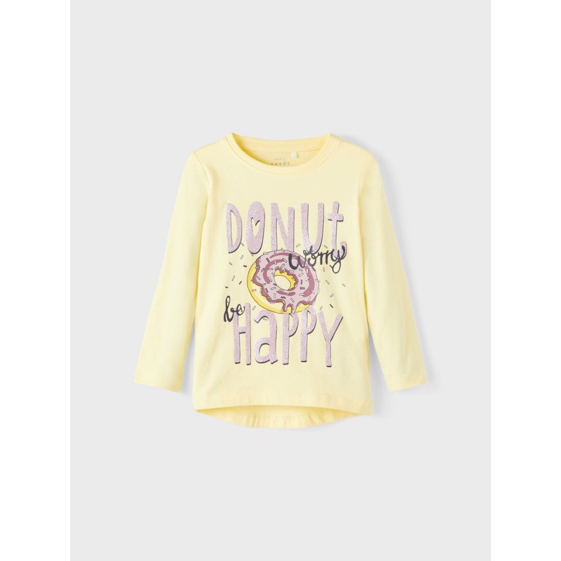 Bluză galbenă din bumbac, cu mâneci lungi, cu inscripția „Donut worry be happy”  336336
