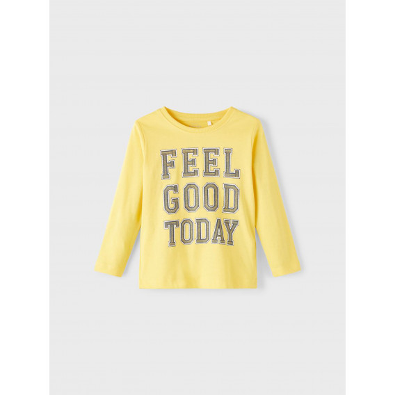 Bluză galbenă din bumbac, cu mâneci lungi, cu inscripția „Feel good today”. Name it 336342 