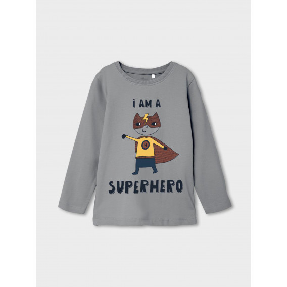 Bluză din bumbac cu mâneci lungi și inscripția „Sunt un super erou” pentru un copil, gri Name it 336357 