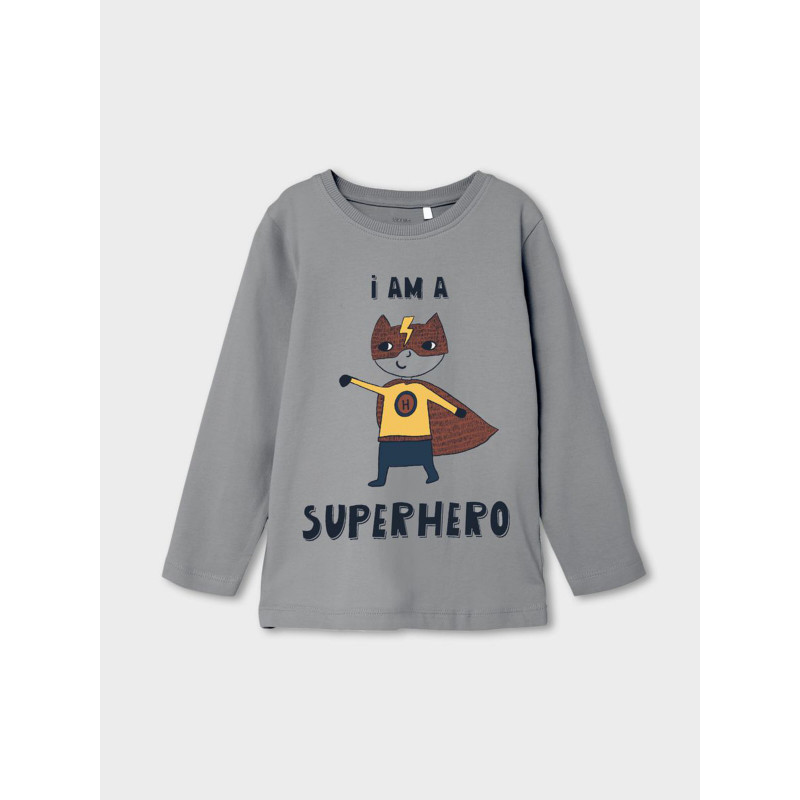 Bluză din bumbac cu mâneci lungi și inscripția „Sunt un super erou” pentru un copil, gri  336357