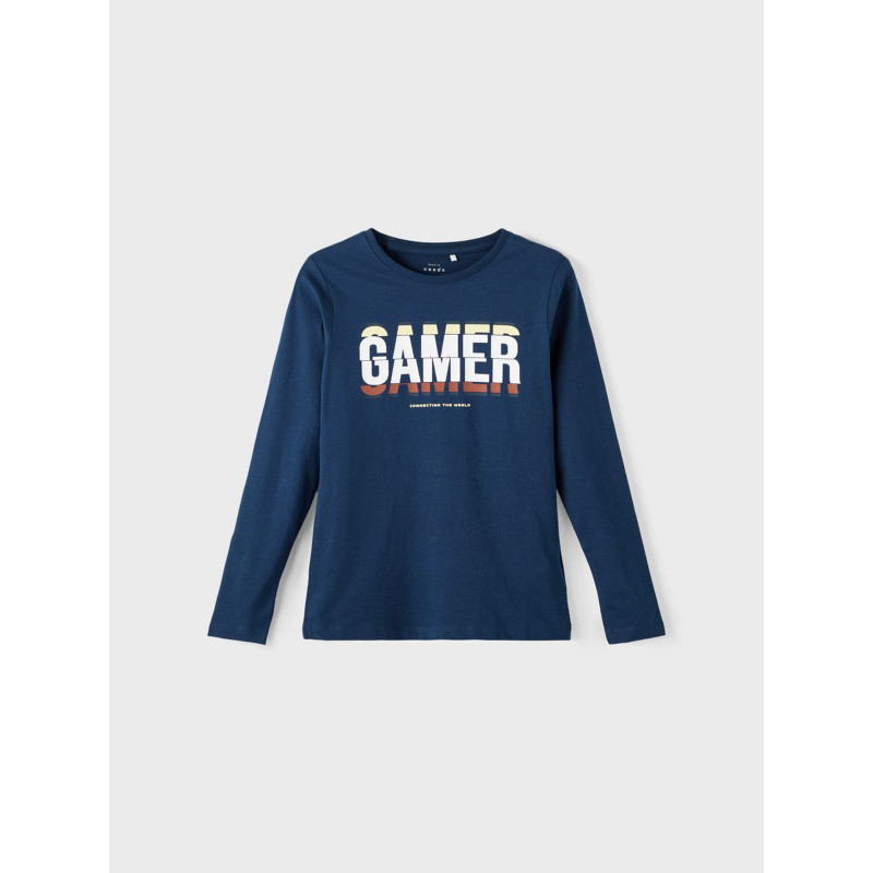 Bluză din bumbac bleumarin cu mâneci lungi, cu inscripția „Gamer”  336375