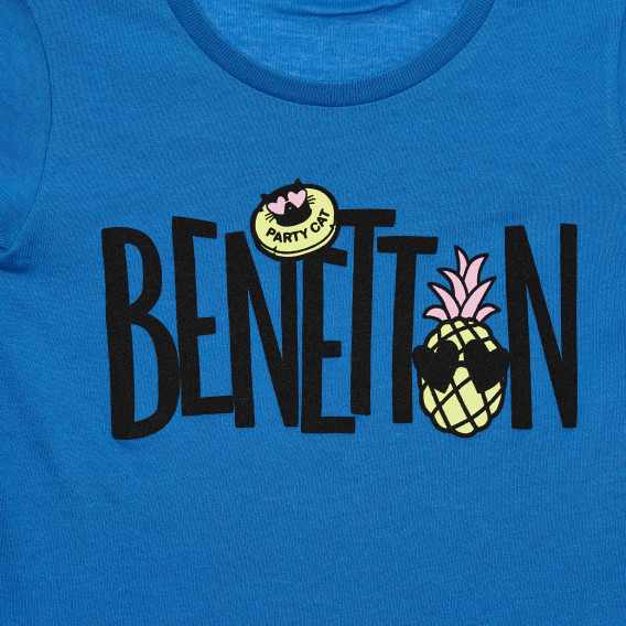 Tricou din bumbac cu marca și imprimeu ananas, albastru Benetton 336740 2