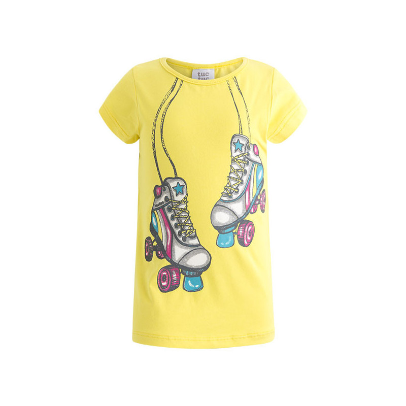 Bluză de bumbac galben, cu mâneci scurte și patine cu imprimeu pentru fete  34970