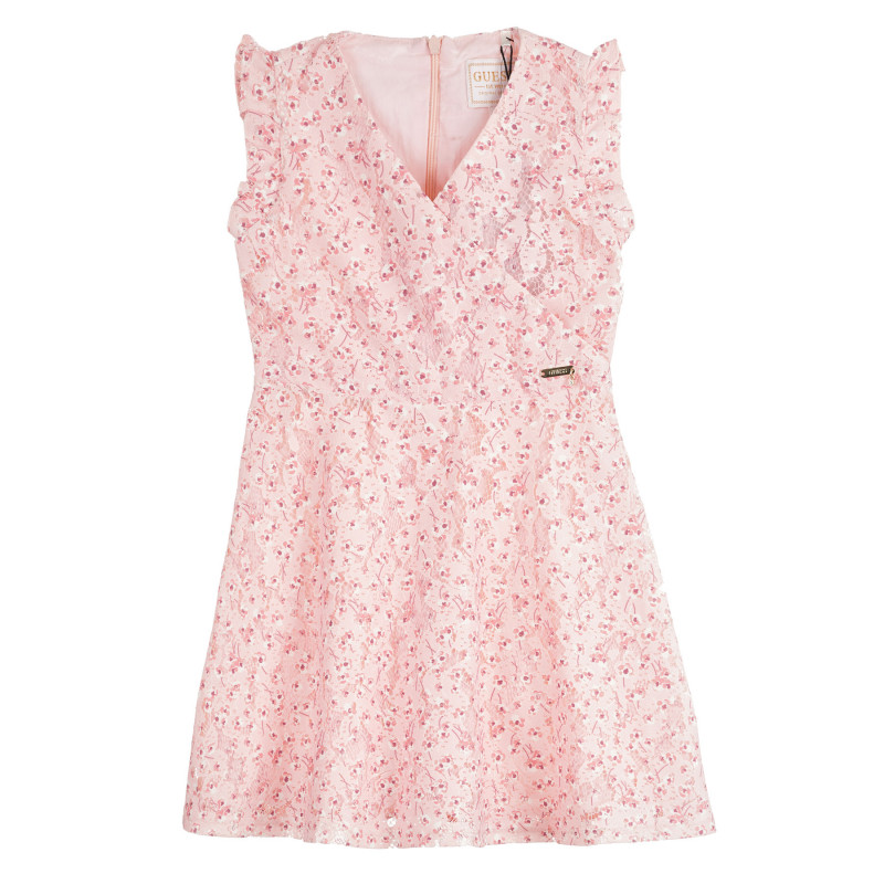 Rochie roz din dantelă cu volane pe mâneci  350172