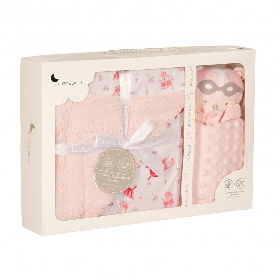 Pătură pentru bebeluși 80 x 100 cm cu jucărie moale, culoarea roz Inter Baby 370252 6