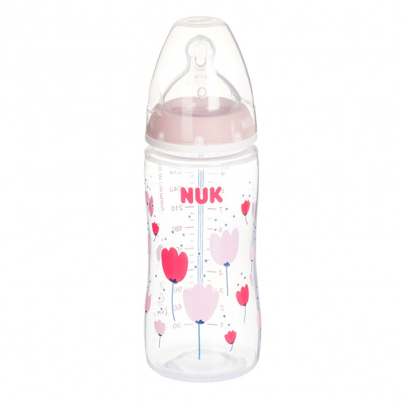 Sticlă de culoare roz din polipropilenă, First choice, control Termo cu tetină debit mediu pentru 0-6 luni, 300 ml. NUK 371067 