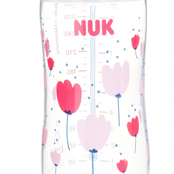 Sticlă de culoare roz din polipropilenă, First choice, control Termo cu tetină debit mediu pentru 0-6 luni, 300 ml. NUK 371071 5