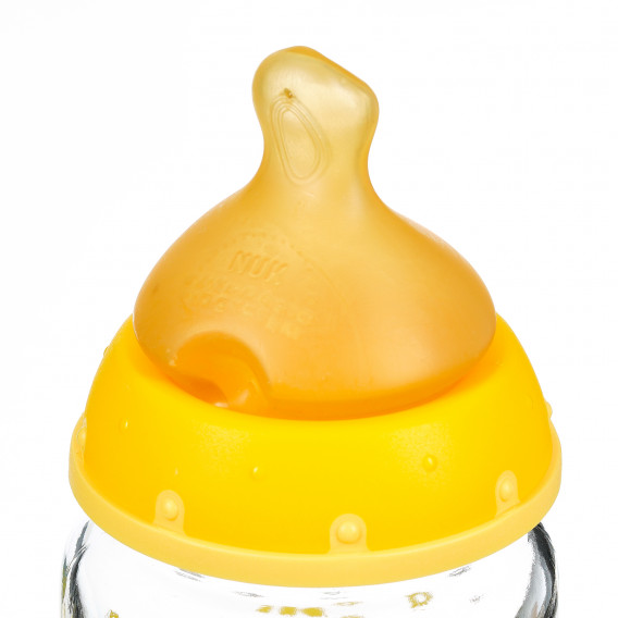 Biberon de sticla First Choice de culoare portocalie cu tetină cu debit mediu de 0-6 luni, 240 ml. NUK 371295 5