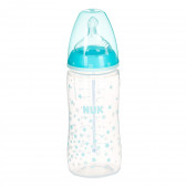 Sticlă de culoare albastră din polipropilenă, control Termo cu tetină debit mediu pentru 0-6 luni, 300 ml. NUK 371388 