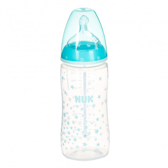 Sticlă de culoare albastră din polipropilenă, control Termo cu tetină debit mediu pentru 0-6 luni, 300 ml. NUK 371388 