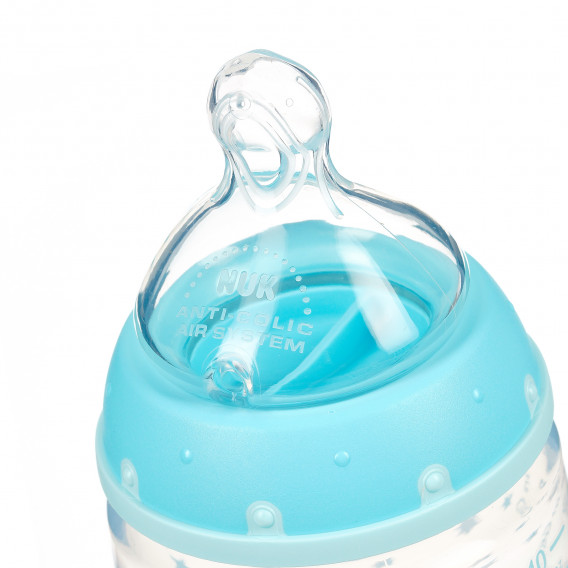 Sticlă de culoare albastră din polipropilenă, control Termo cu tetină debit mediu pentru 0-6 luni, 300 ml. NUK 371390 3