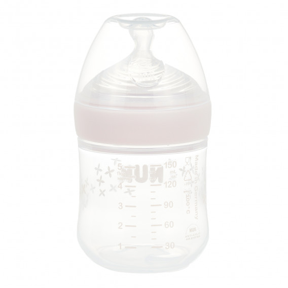 Flacon de culoare roz din polipropilenă Nature Sense cu suzetă cu flux lent 0-6 luni, 150 ml. NUK 372884 