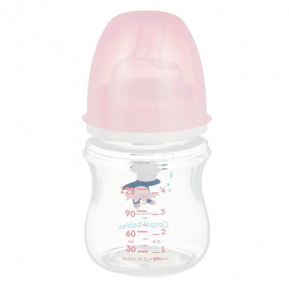 Sticlă din polipropilenă cu imprimeu de jucării și tetină din silicon 3+ luni cu flux lent pentru fetiță, 120 ml Canpol 373107 2