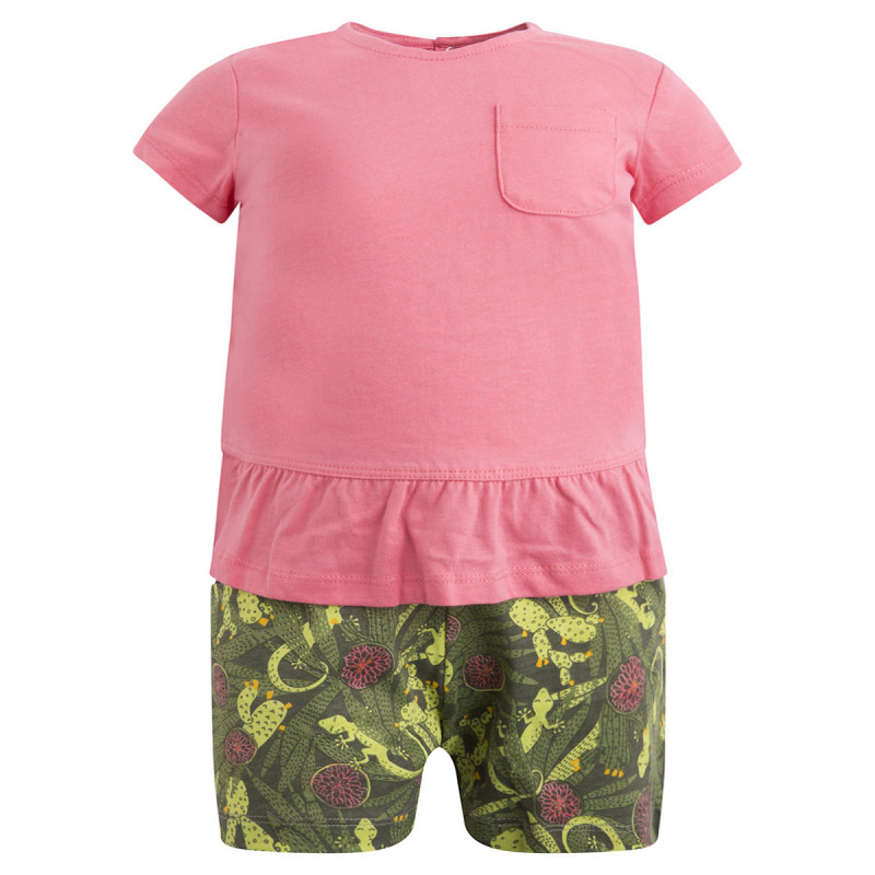 Set de bluză din bumbac roz cu mânecă scurtă și pantaloni scurți în dungi cu o bandă elastică pentru fete Canada House  46089