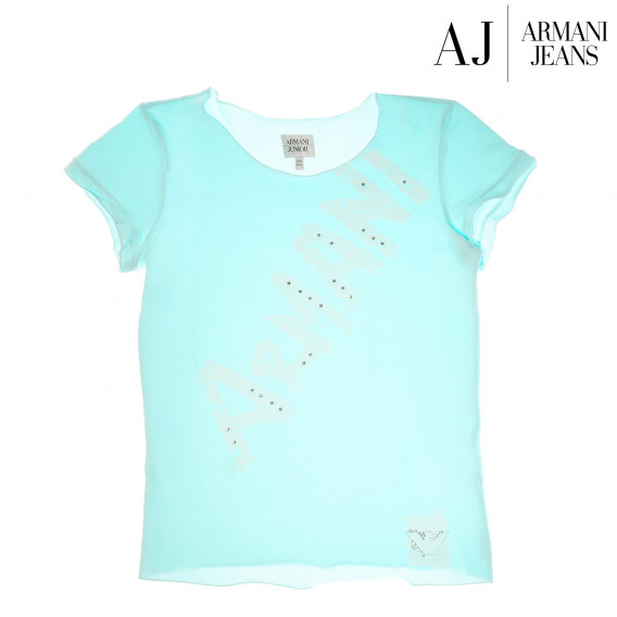 Tricou de bumbac de culoare albastru cu logo și paiete pentru fete Armani 50692 