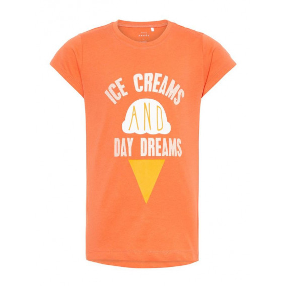 Bluză de bumbac cu mâneci scurte portocalie cu inscripție ICE CREAM pentru fete Name it 50754 