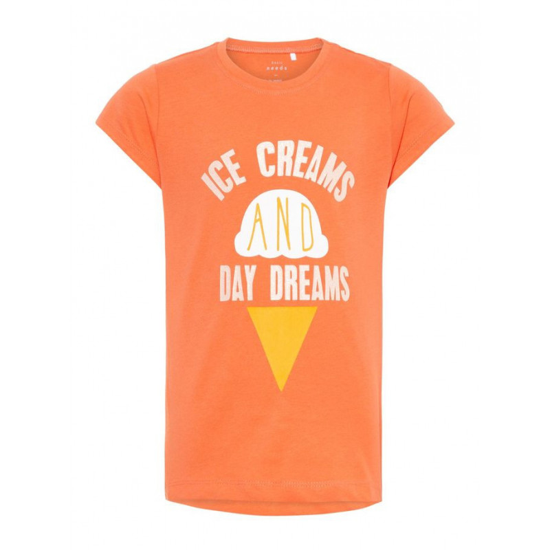 Bluză de bumbac cu mâneci scurte portocalie cu inscripție ICE CREAM pentru fete  50754