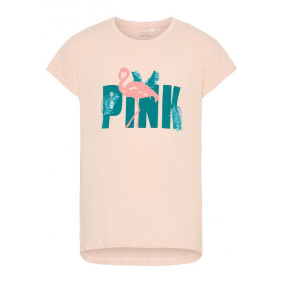 Bluză din bumbac cu mânecă scurtă de culoare roz, cu imprimeu flamingo pentru fete Name it 50773 