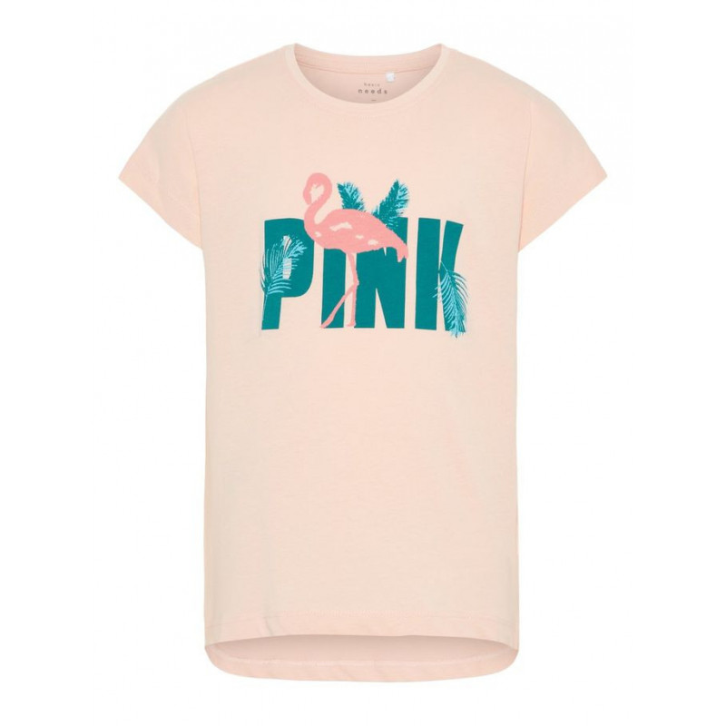 Bluză din bumbac cu mânecă scurtă de culoare roz, cu imprimeu flamingo pentru fete  50773