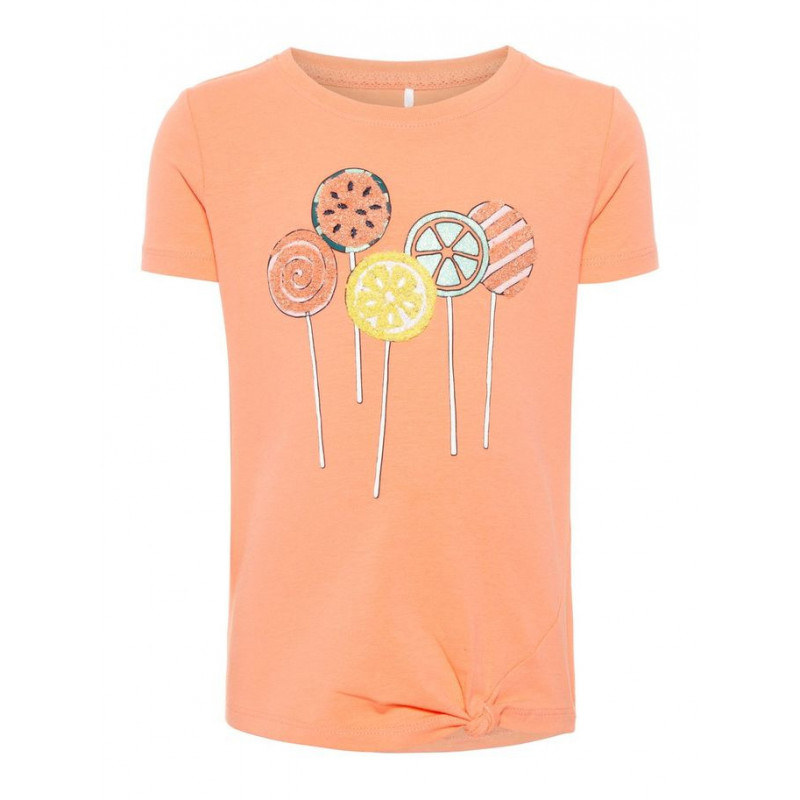 Tricou de bumbac, portocaliu, cu mânecă scurtă și aplicație colorată,pentru fete  54209