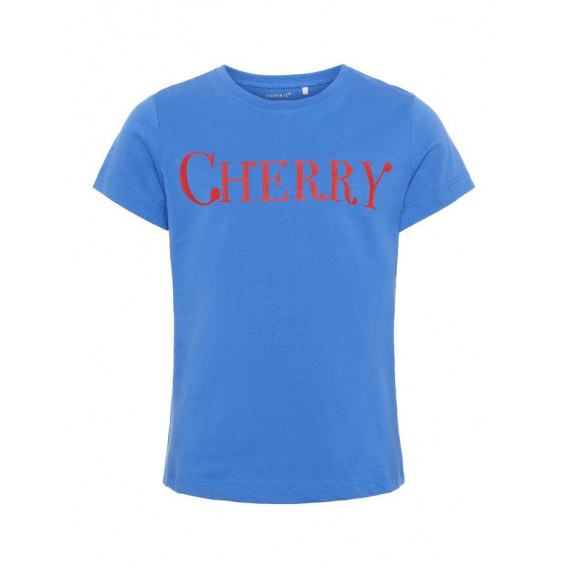Tricou din bumbac de culoare albastră cu inscripție CHERRY pentru fete Name it 54264 